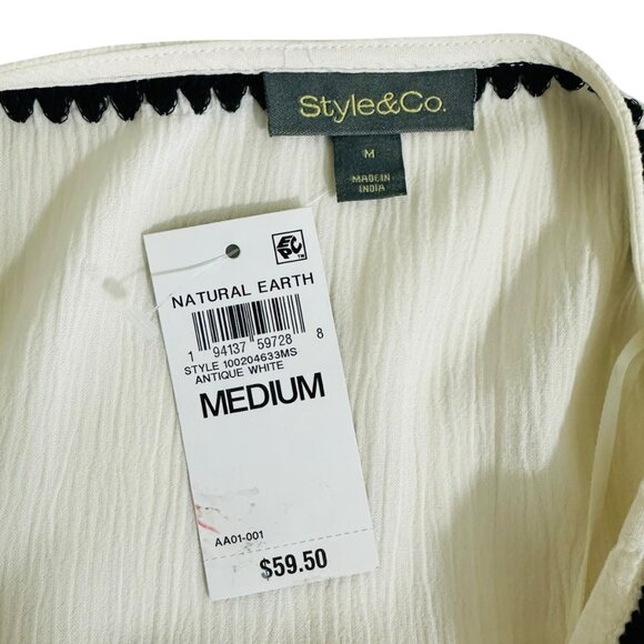 Style & Co Women's Sz M Textured Contrast Trim 3/4 Sleeve Antique White Top NEW - Picture 5 of 6
